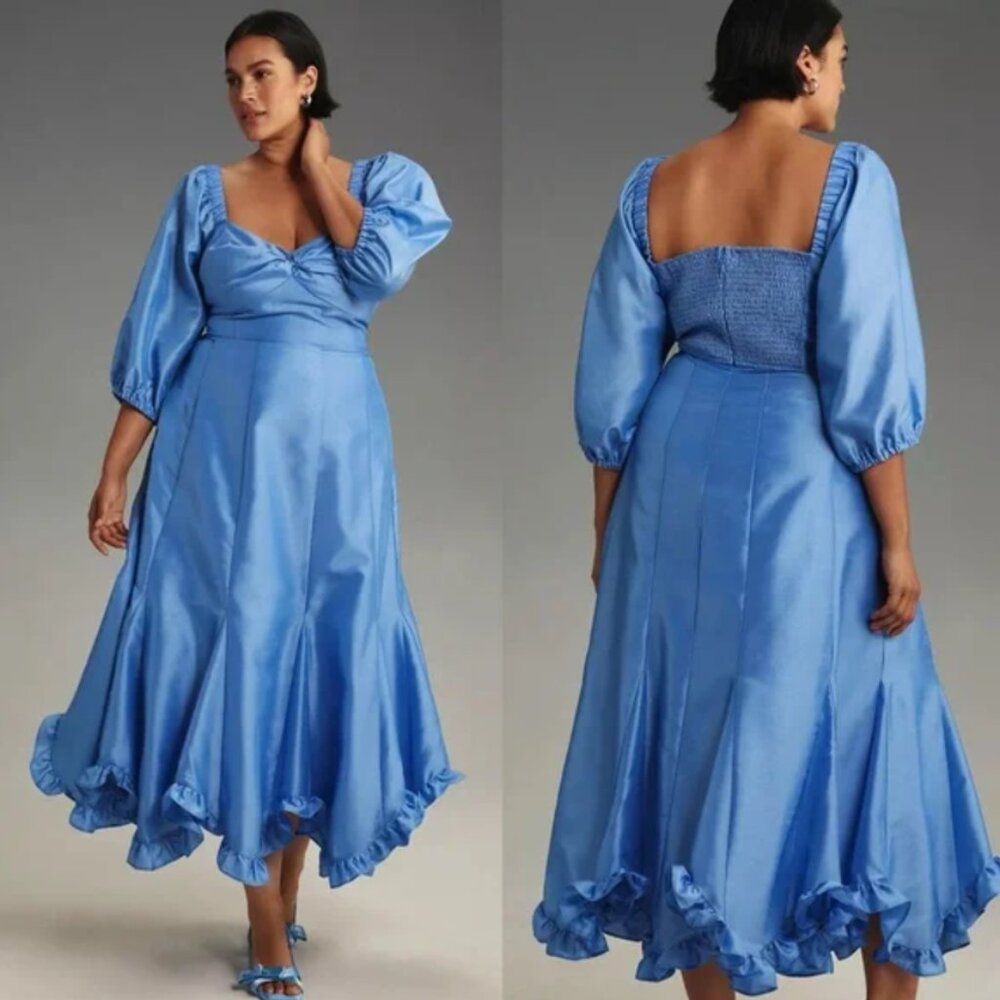 Blue Anthropologie Hutch Twist Front Ruffle Maxi Bridesmaid Wedding Guest Dress